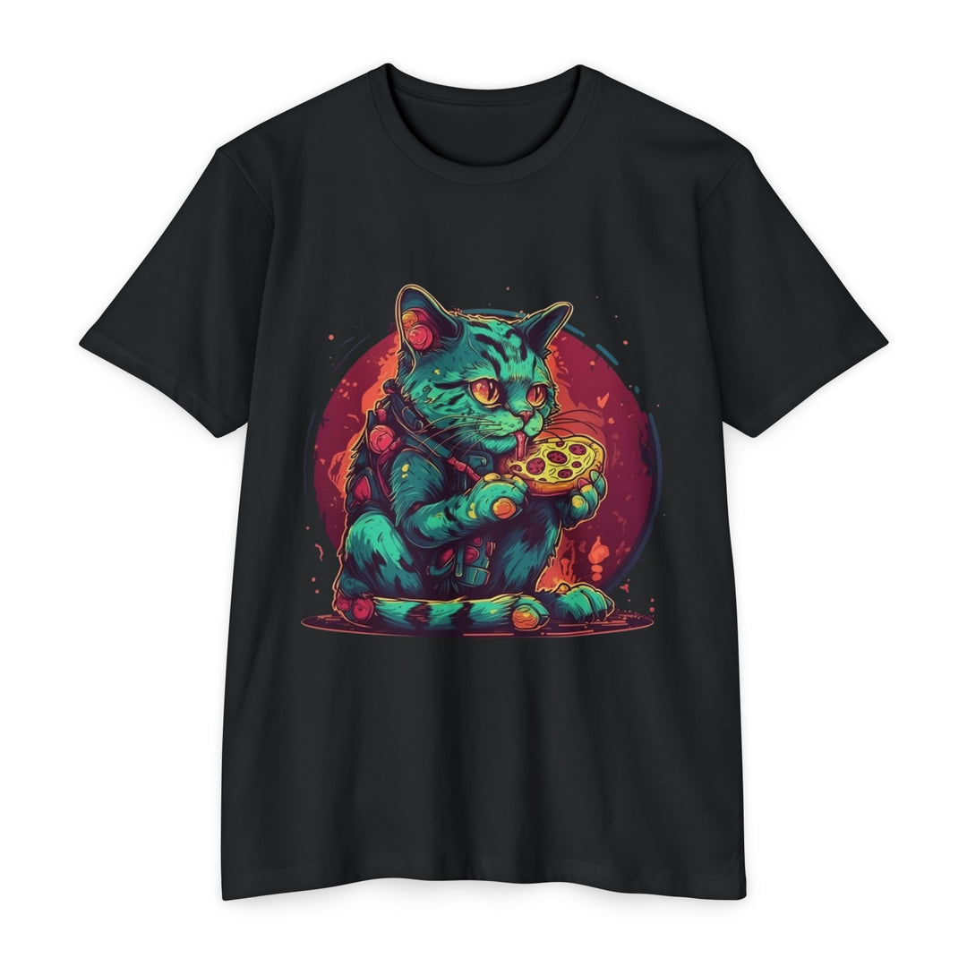 Retro Neon Cat Eating Pizza T-Shirt