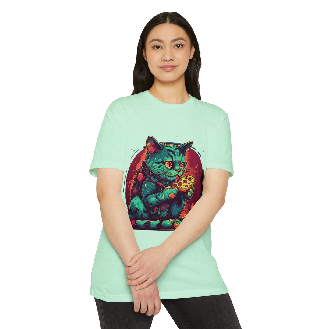 Retro Neon Cat Eating Pizza T-Shirt