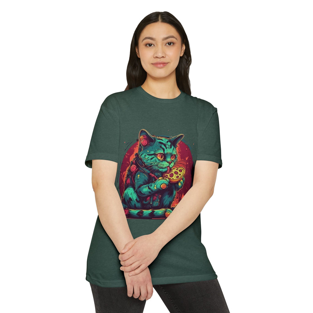 Retro Neon Cat Eating Pizza T-Shirt