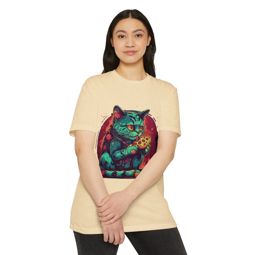Retro Neon Cat Eating Pizza T-Shirt