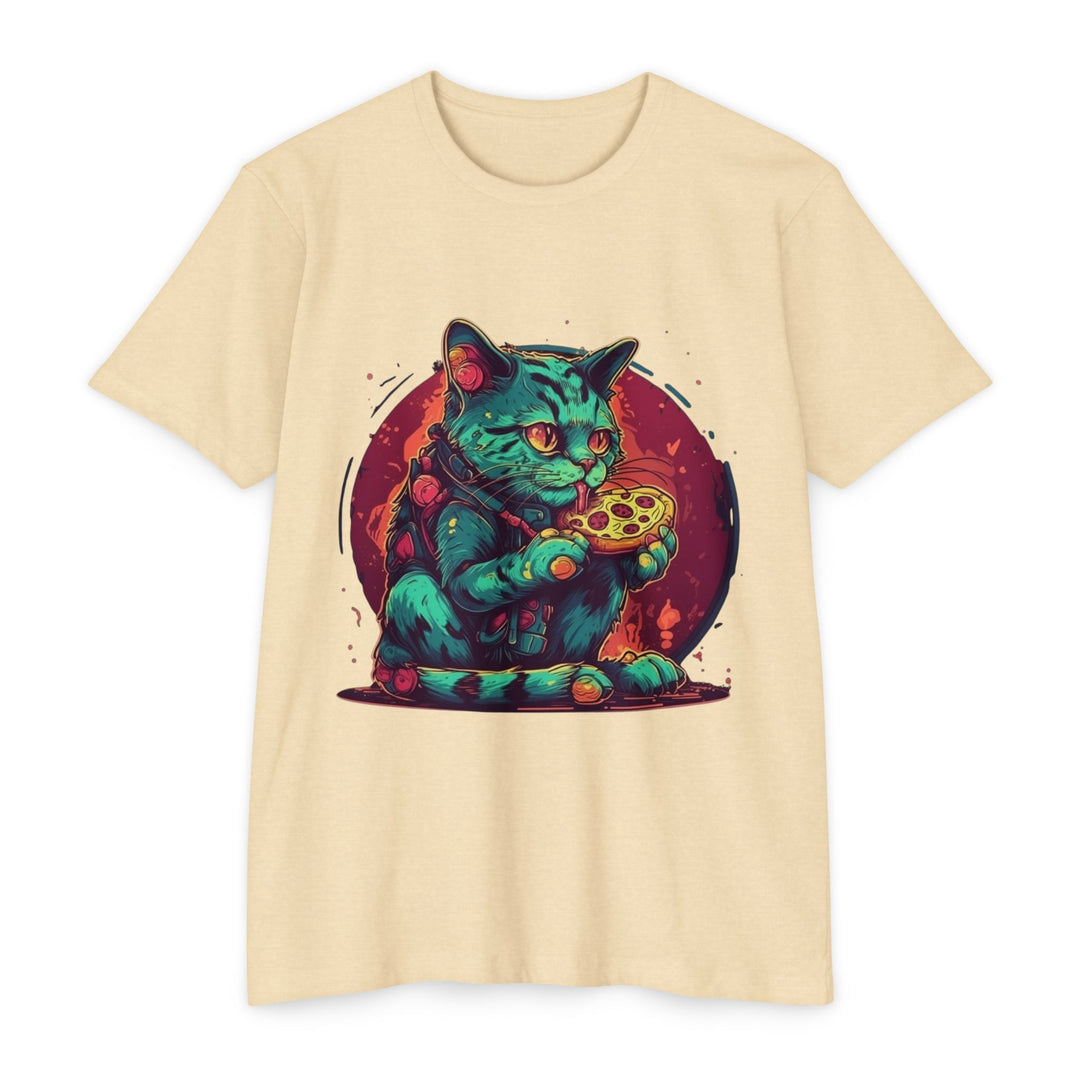 Retro Neon Cat Eating Pizza T-Shirt