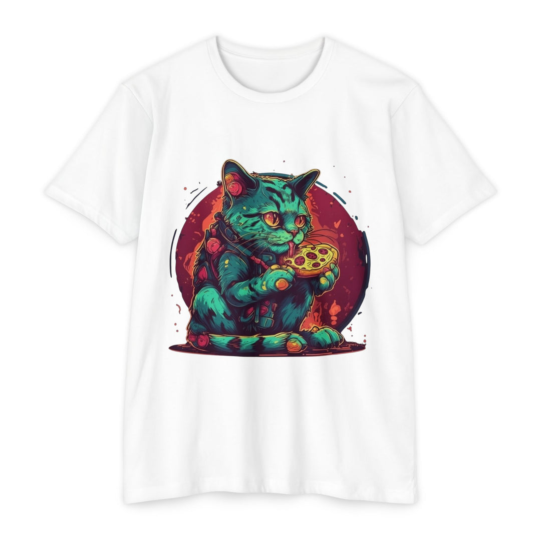 Retro Neon Cat Eating Pizza T-Shirt