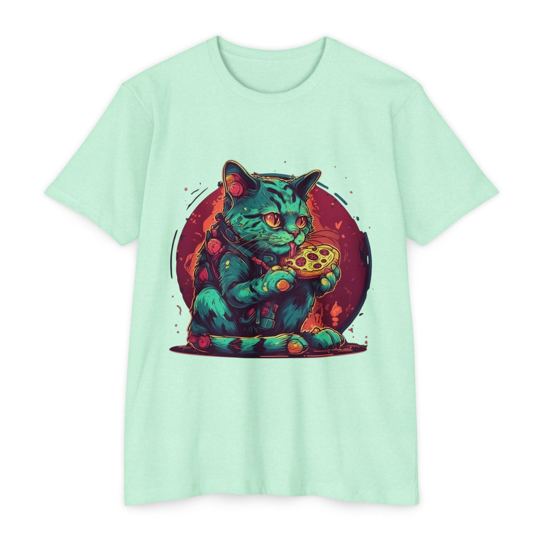 Retro Neon Cat Eating Pizza T-Shirt