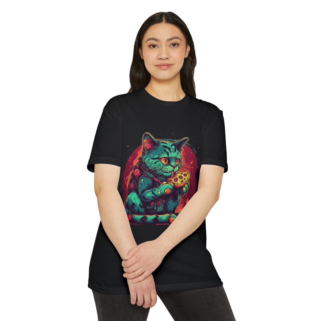 Retro Neon Cat Eating Pizza T-Shirt