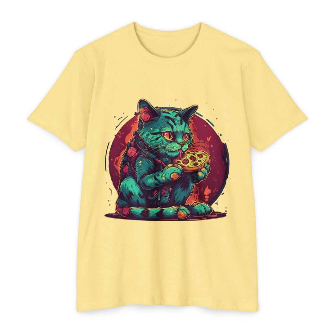 Retro Neon Cat Eating Pizza T-Shirt