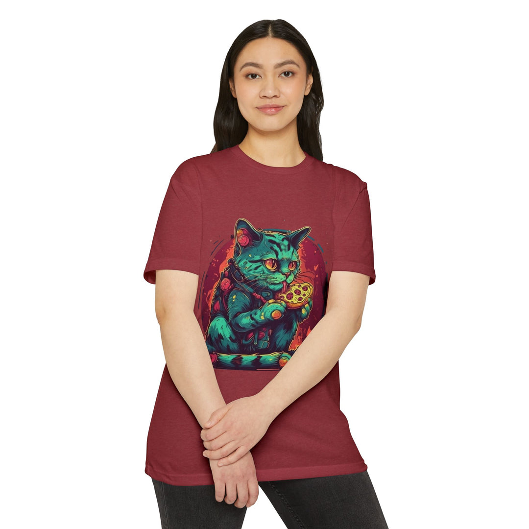 Retro Neon Cat Eating Pizza T-Shirt