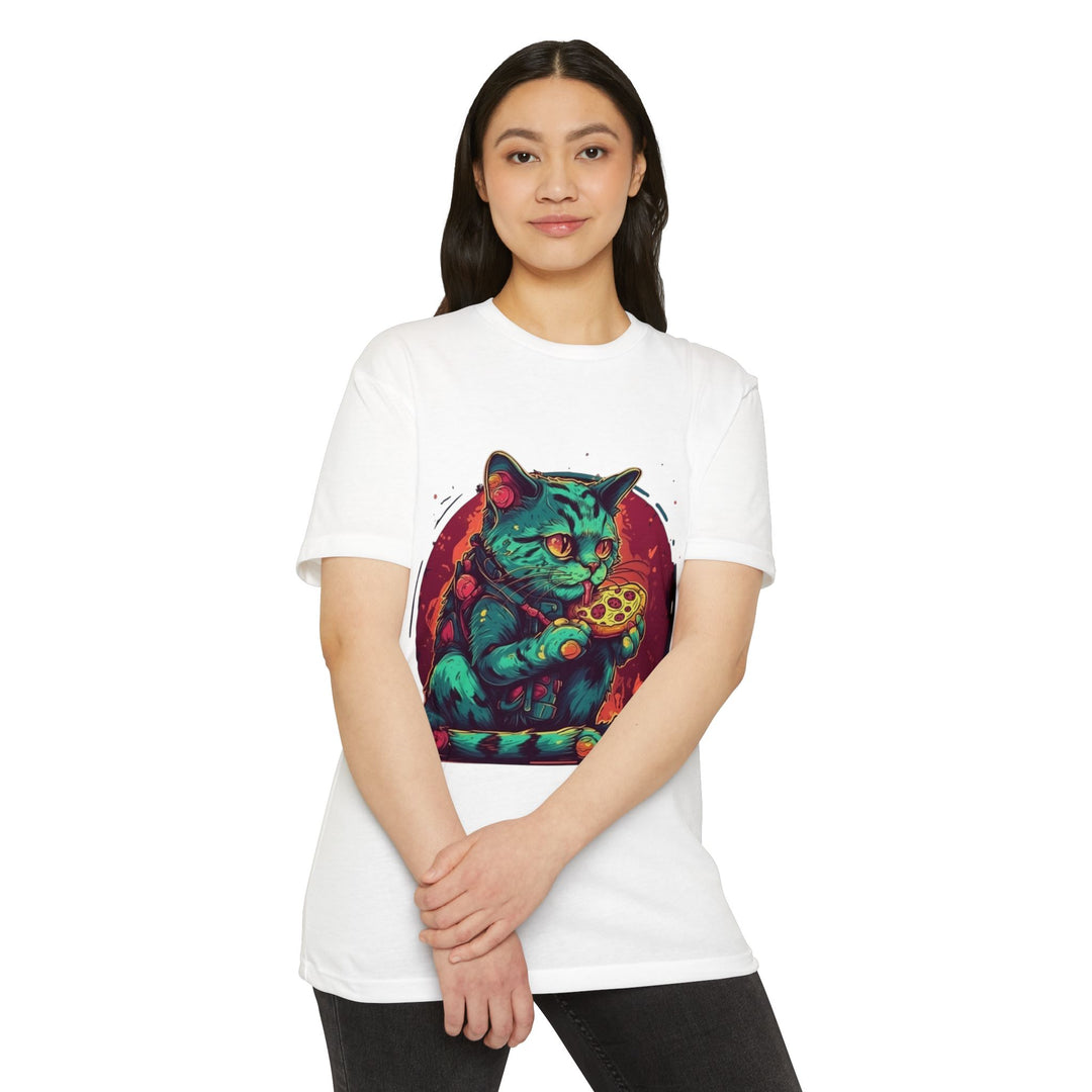Retro Neon Cat Eating Pizza T-Shirt