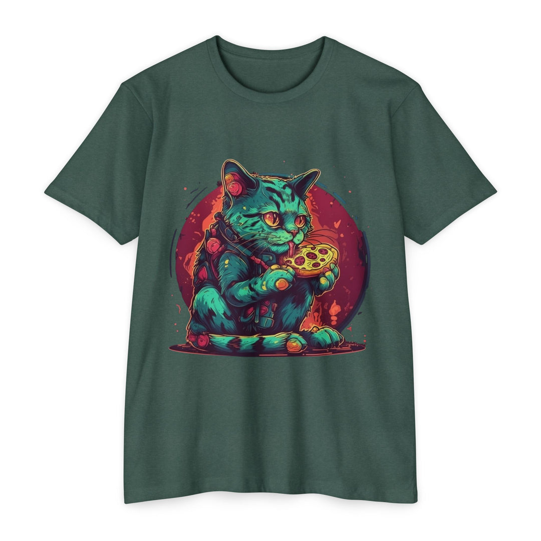 Retro Neon Cat Eating Pizza T-Shirt